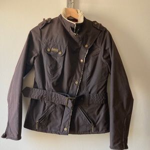 Barbour Int’l Waxed moto jacket map faux shearling lining US size 4 (Dark Brown)
